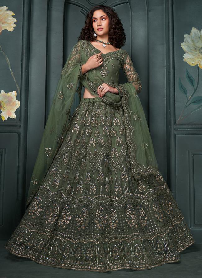 Net Mehendi Bridal Wear Embroidery Work Lehenga Choli